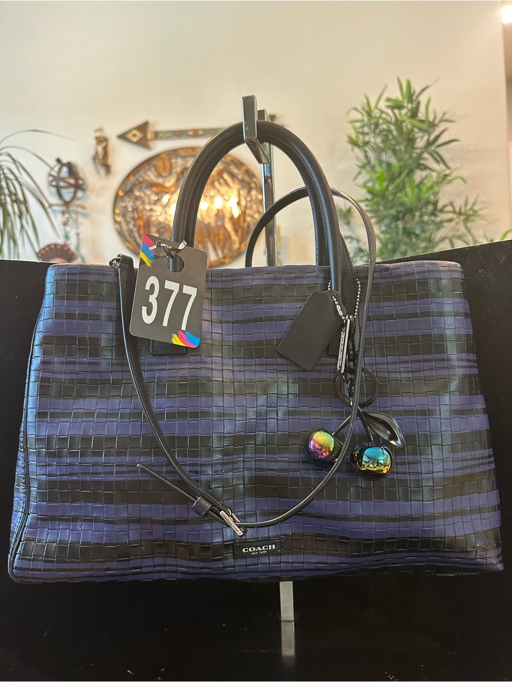 Coach#377 Bleecker Studio tote Blue & Black Woven embossed leather - Picture 6 of 15